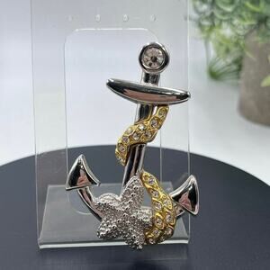 Kenneth Jay Lane KJL Gold Silver Pave Crystal rhinestone Nautical Brooch Pendant